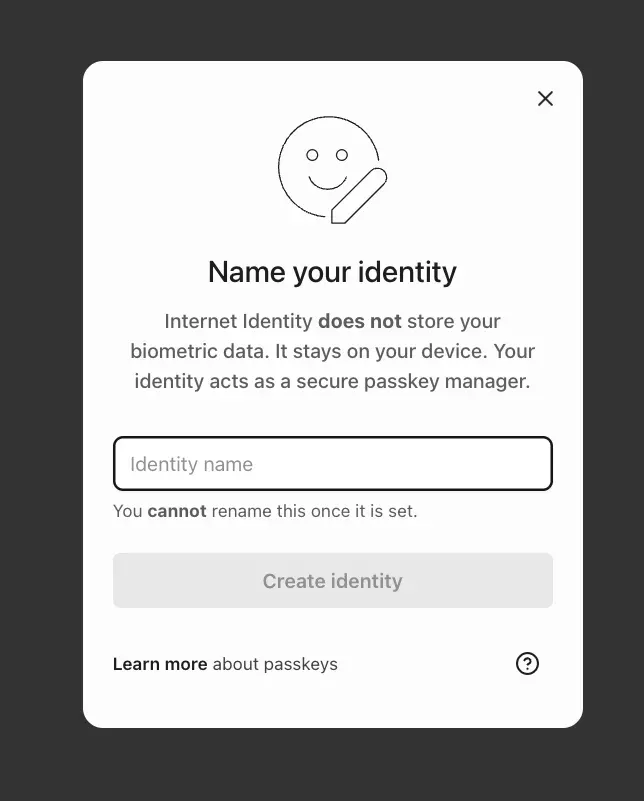 Internet Identity Passkey Name eingeben