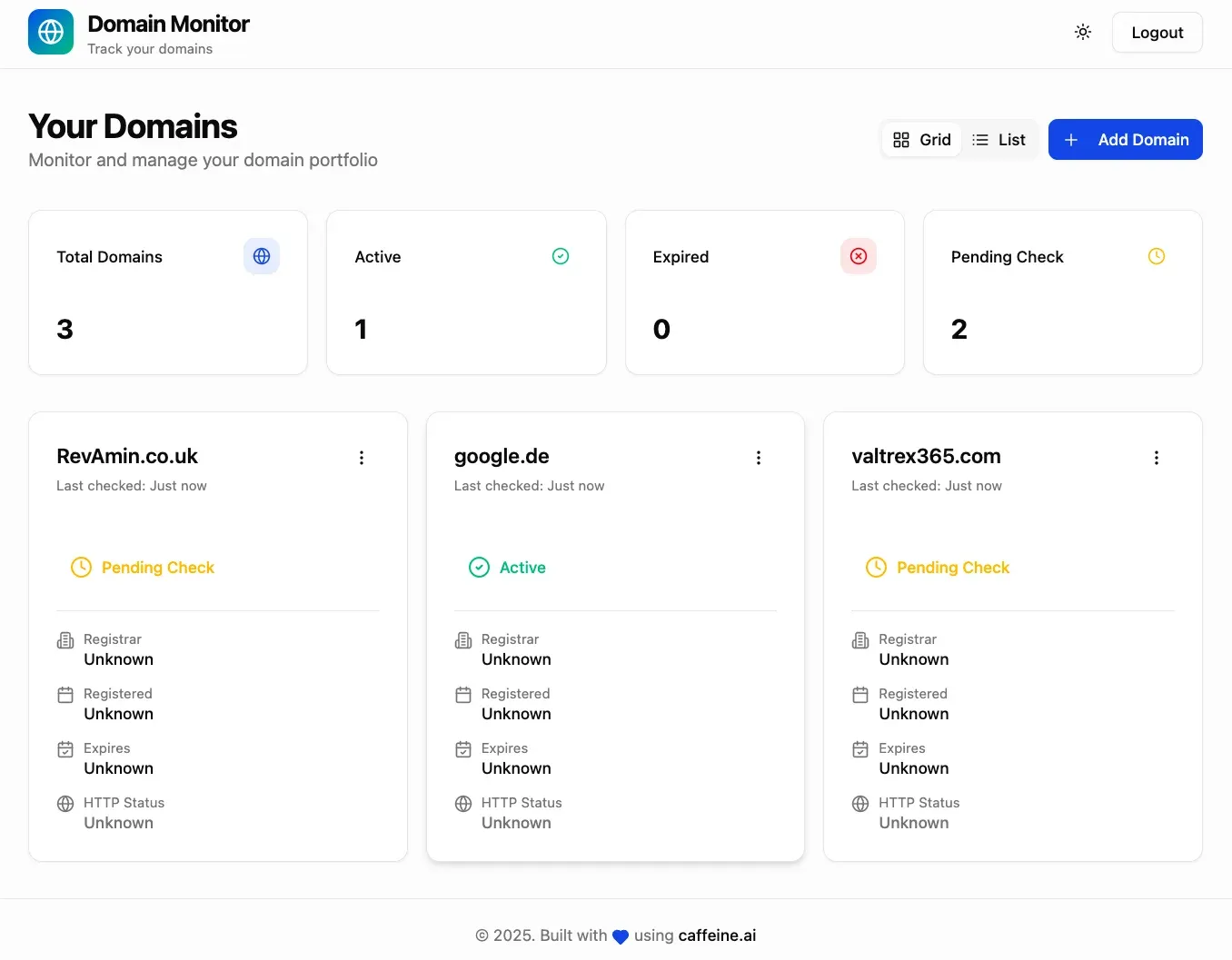 Domain Monitor App Grid Ansicht
