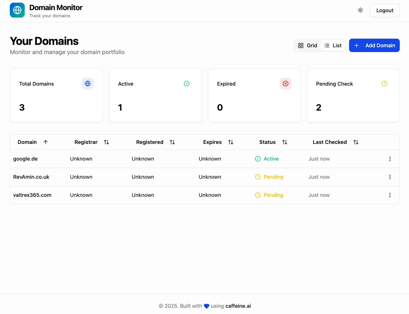 Domain Monitor App Listen-Ansicht
