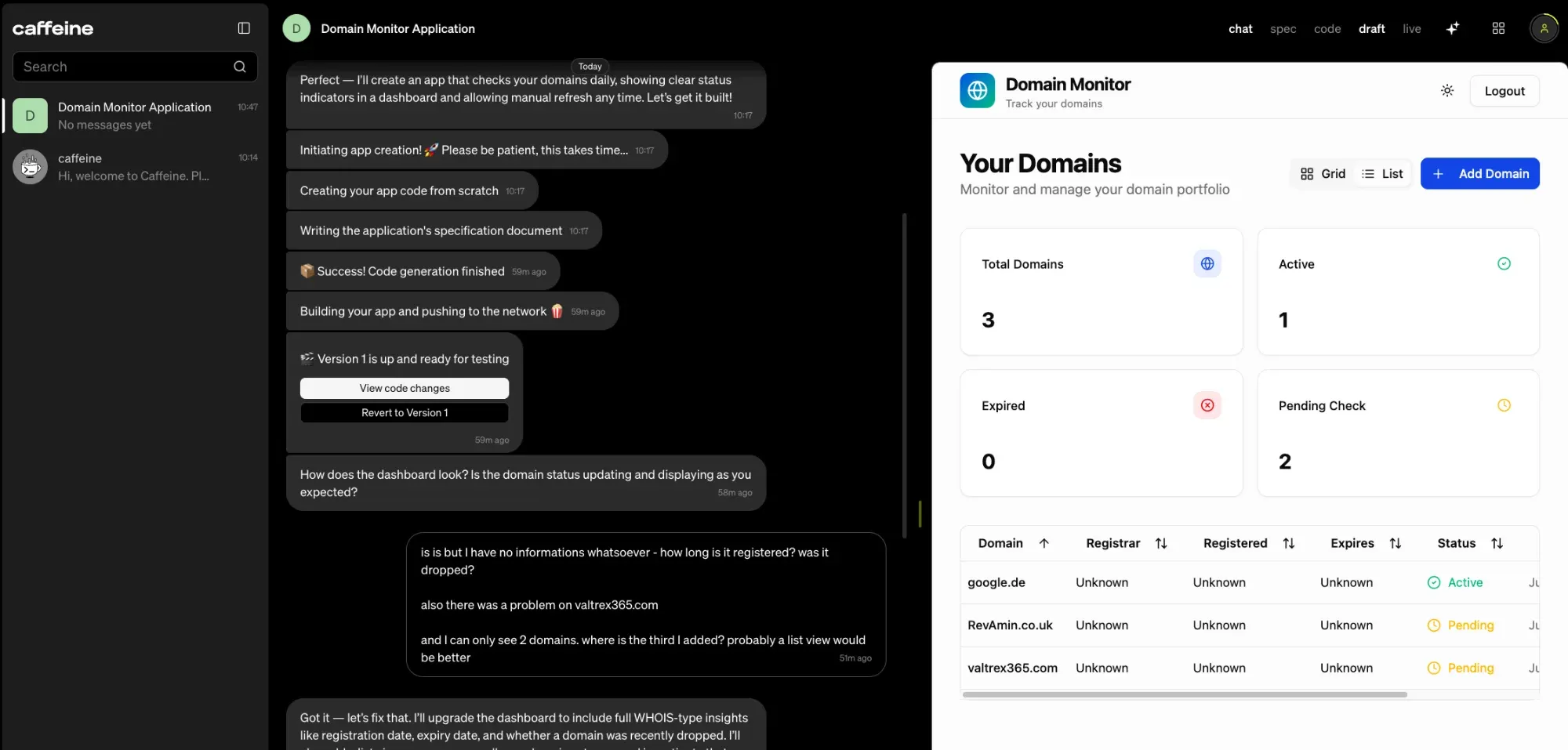 Kompletter Chatverlauf mit Caffeine und Live-Preview